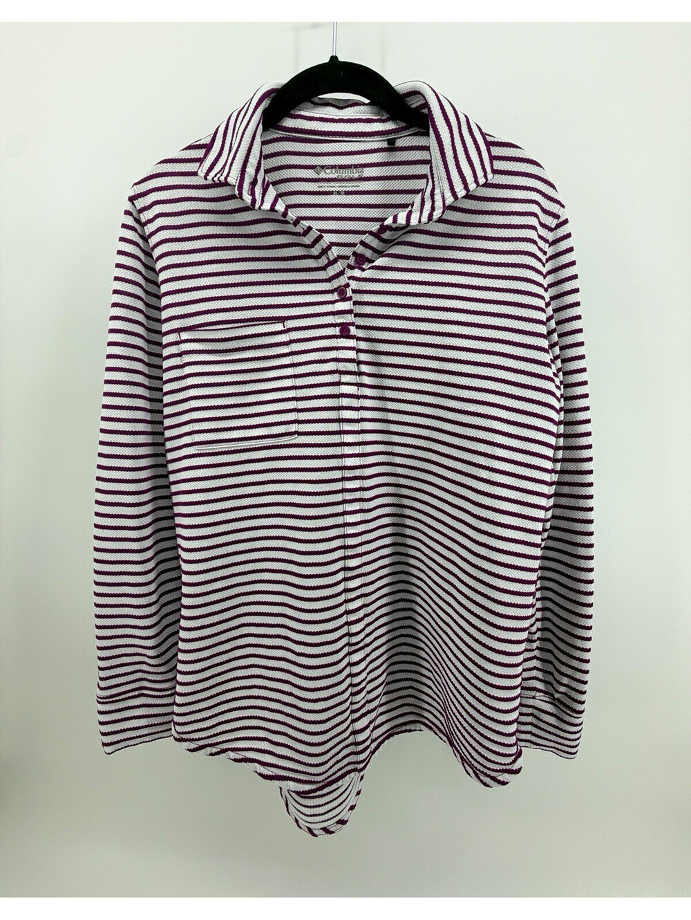 Columbia Polo Shirt Womens M Purple/White Striped Long Sleeve Polyester Button